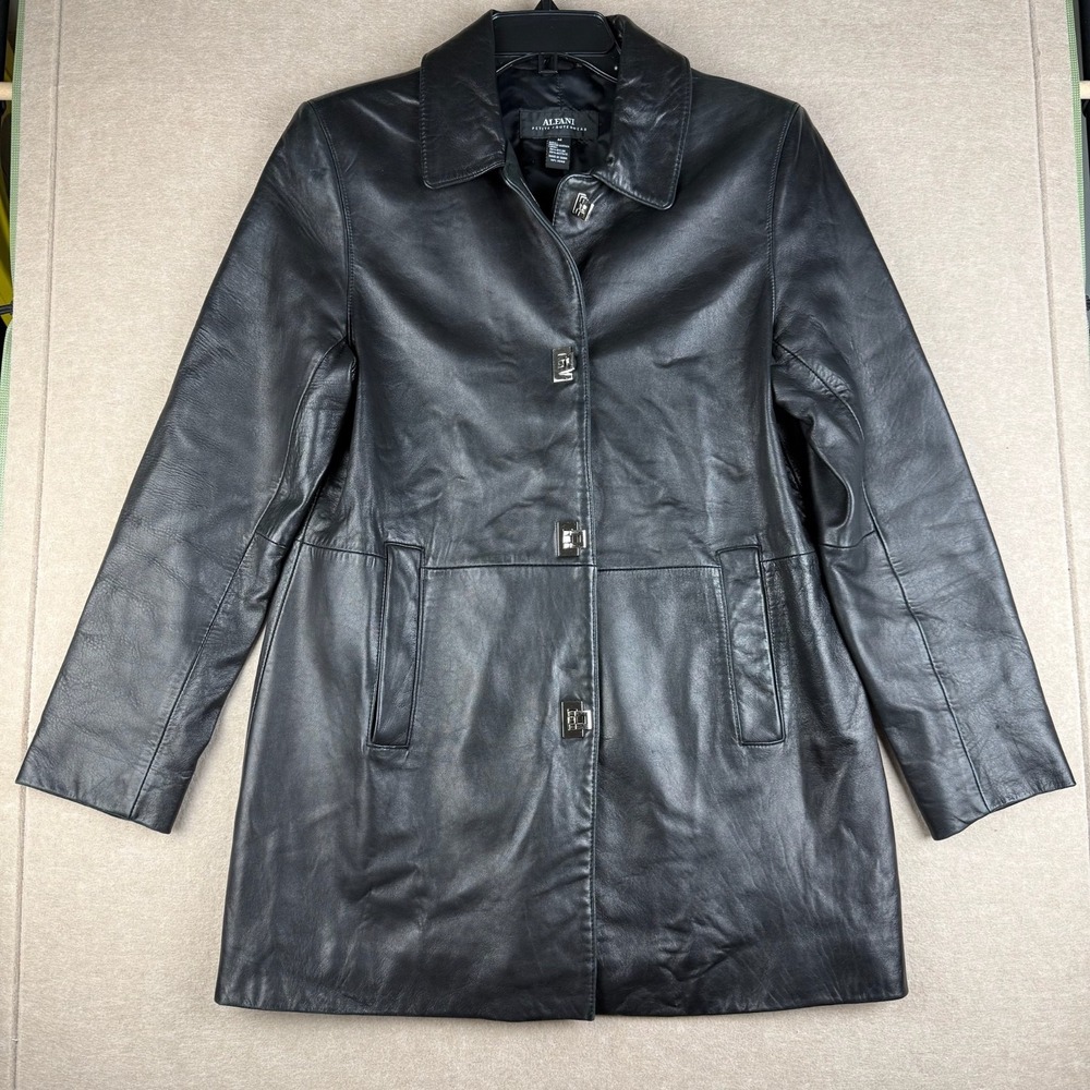 Alfani Women Genuine Leather Coat Black Petite M Button Front‎ Lined